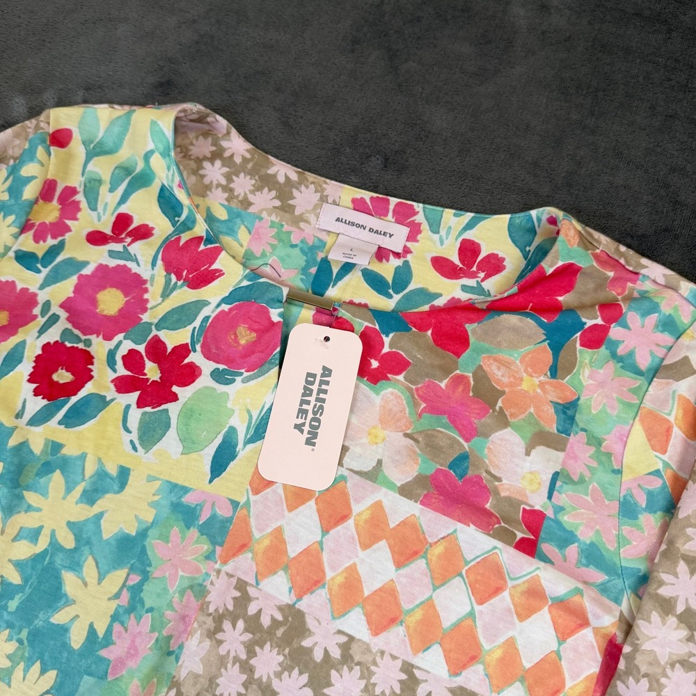 Allison Daley Floral‎ Patchwork Blouse Womens Large Multicolor Sharkbite Hem NWT